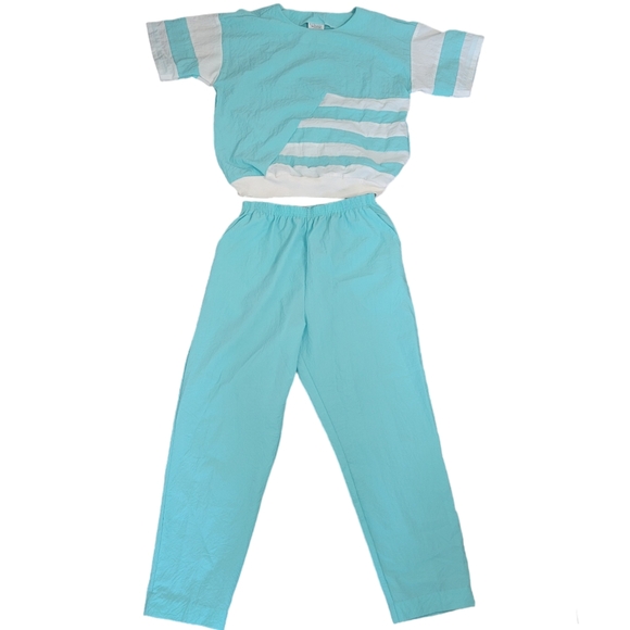 Vintage 80's teal and white 2 piece summer outfit size medium - Picture 1 of 9